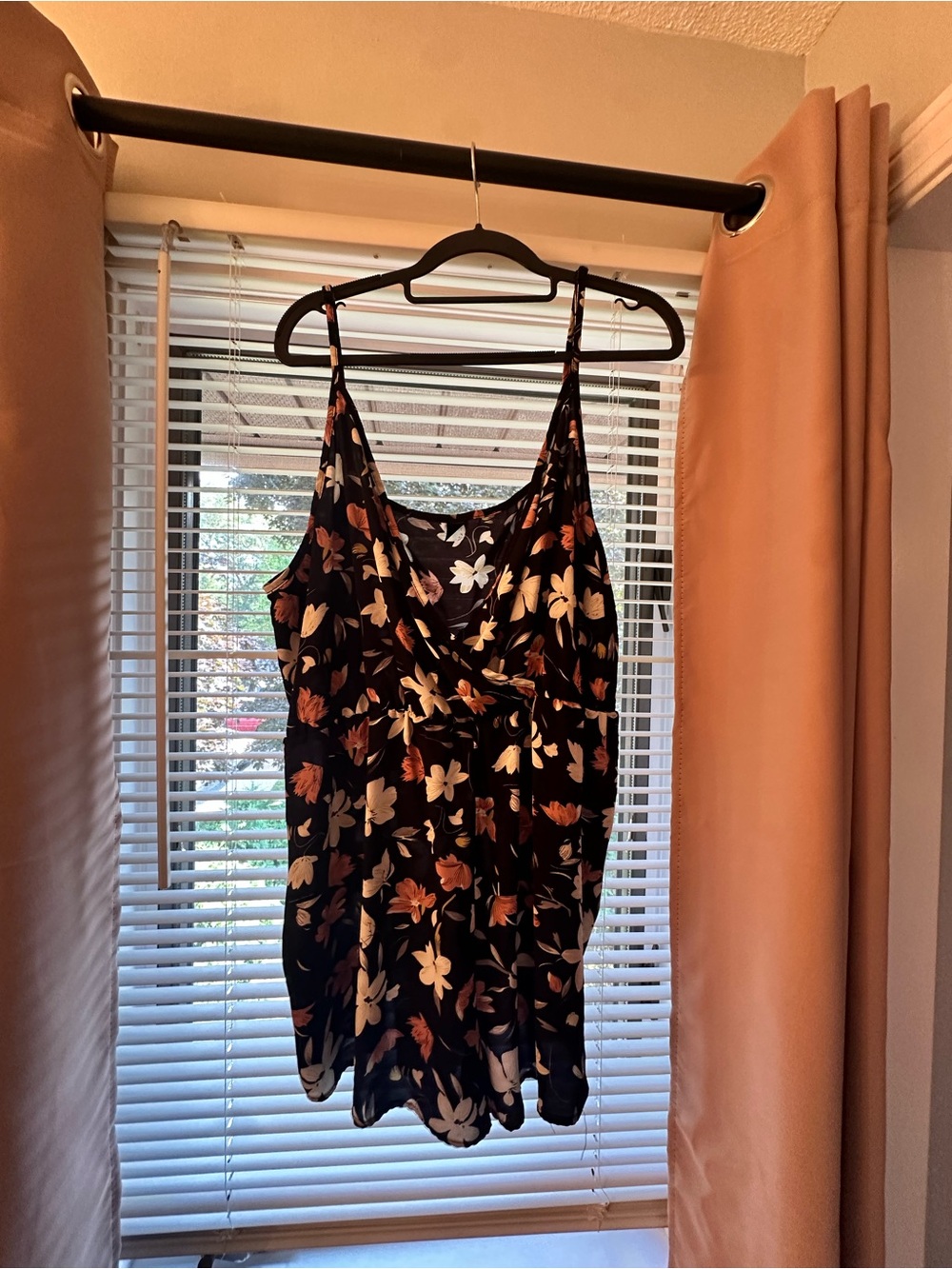 SHEIN Black Floral Spaghetti Strap Romper with Rust & Cream Flowers